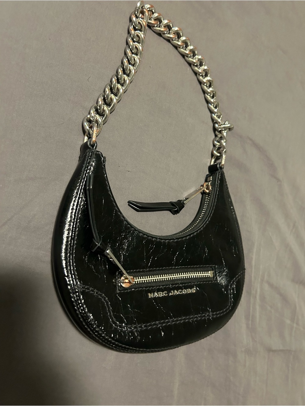 Marc Jacobs Black Patent Crescent Mini Bag with Silver Chain